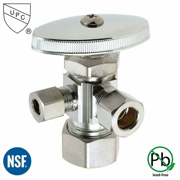 5/8 Inch Comp x 1/2 Inch Slip Joint x 1/4 Inch Comp Multi Turn Brass Angle Stop, Thrifco Plumbing, Mfr#: 4405599